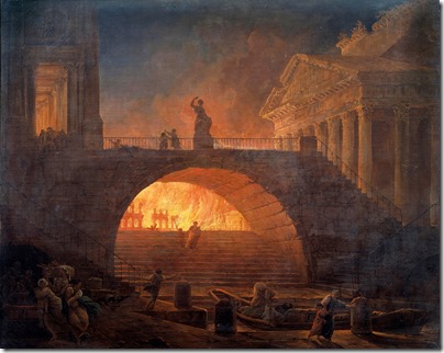 Robert, Hubert (1733-1808): L'incendie de Rome (le 18 juillet 64) (The Fire of Rome, 18 July 64). Entre le 18 et le 24 juillet, la ville de Rome est devastee par un vaste incendie qui aurait ete cause par l'empereur Neron. Pour detourner les soupcons, ce dernier accuse et persecute les chretiens. 18eme siecle.. Le Havre, Musee des Beaux-Arts*** Permission for usage must be provided in writing from Scala. 