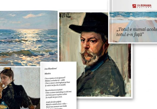 Colaj cu coperta și paginile albumului de artă Joaquín Sorolla în dialog cu poeții români