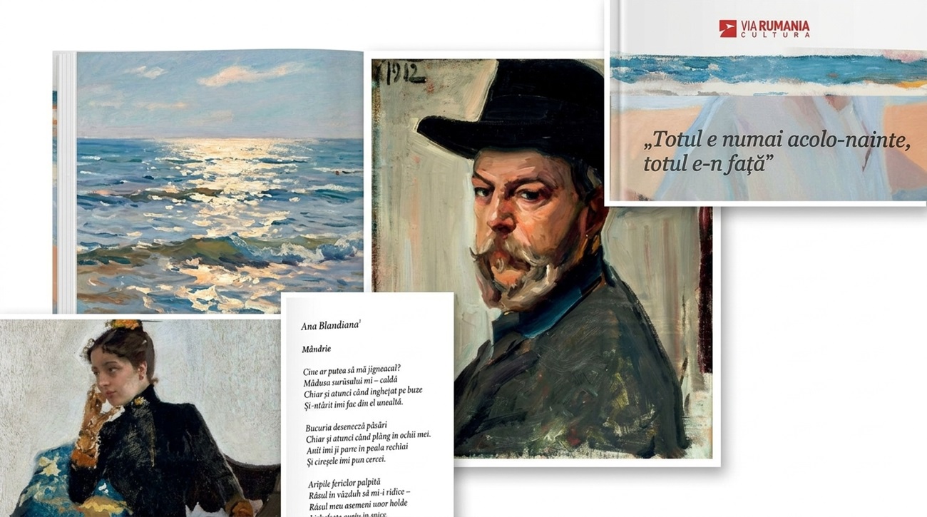 Colaj cu coperta și paginile albumului de artă Joaquín Sorolla în dialog cu poeții români