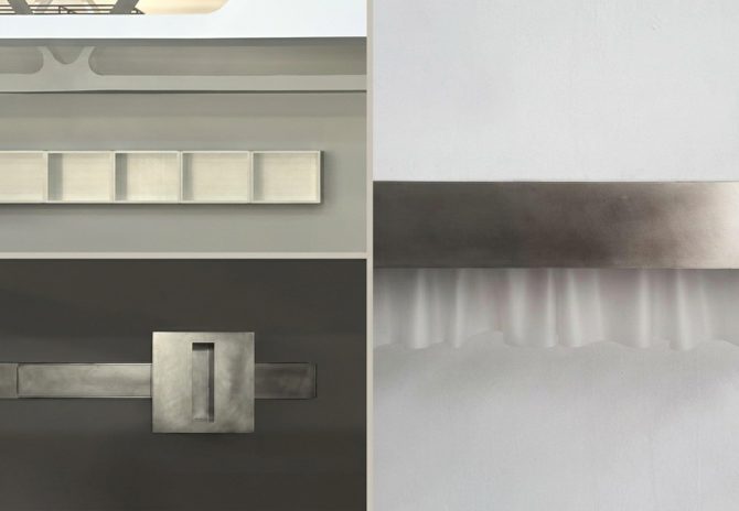 Colaj cu lucrări din prima expoziție personală a lui Bogdan Ciocodeică, The Real Me Is the Voice Inside My Head, la Kunsthalle Bega din Timișoara.