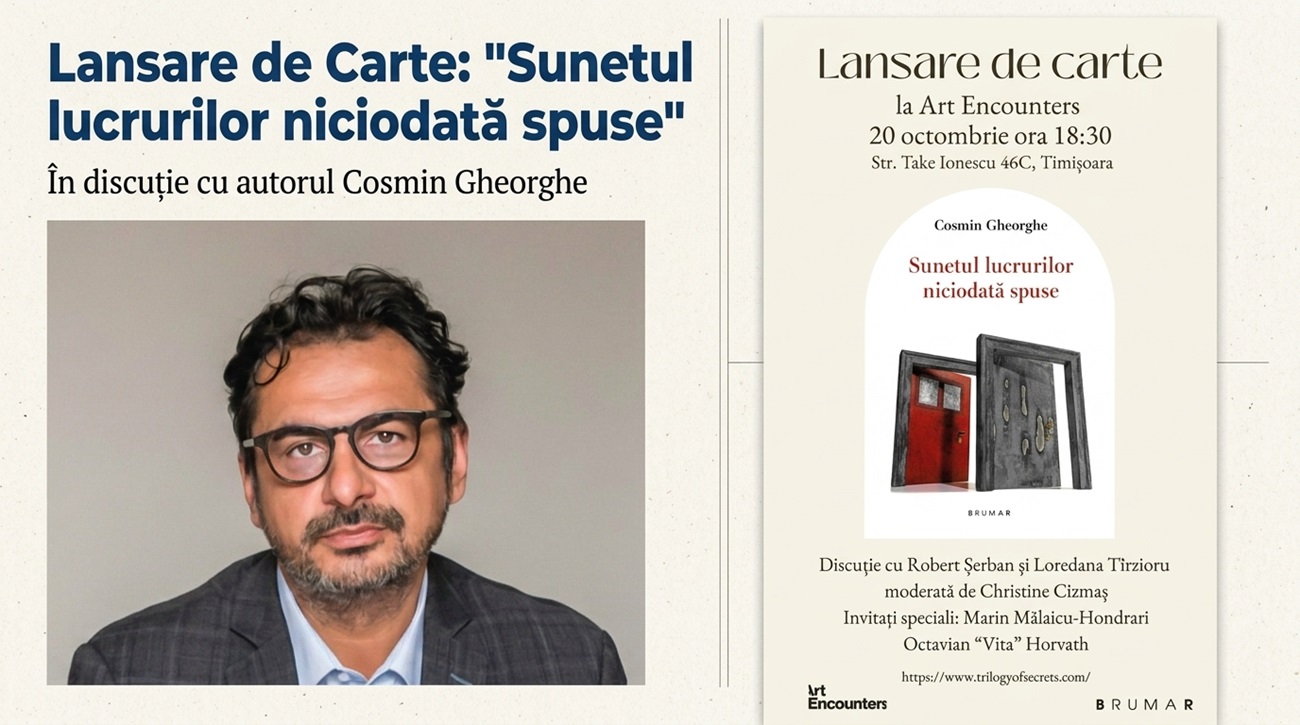 Cosmin Gheorghe și afișul oficial al lansării romanului Sunetul lucrurilor niciodată spuse la Art Encounters Timișoara