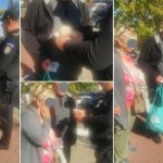 foto cu un polițist local din Timișoara care înapoiază un portofel pierdut cu bani și acte unui pensionar de 77 de ani și soției acestuia.