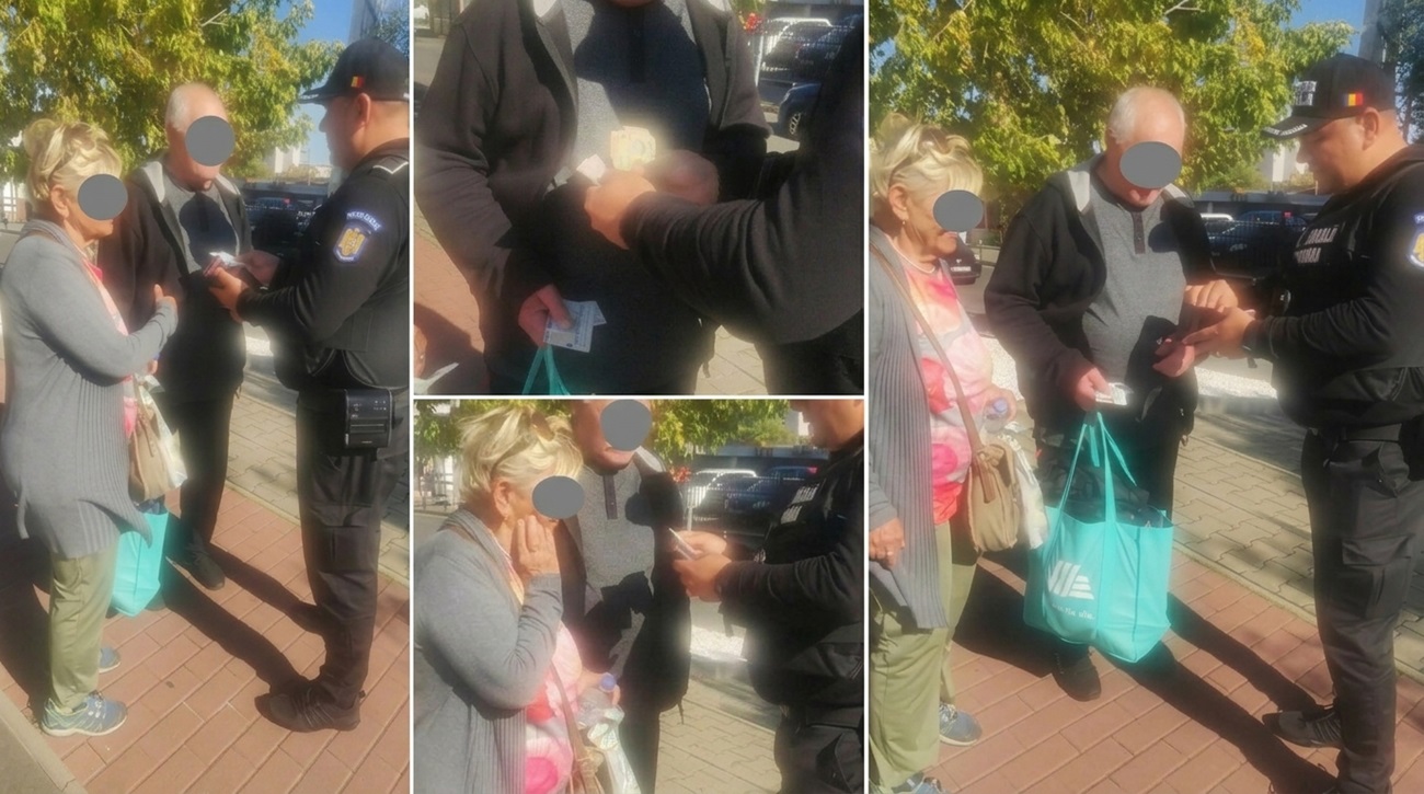 foto cu un polițist local din Timișoara care înapoiază un portofel pierdut cu bani și acte unui pensionar de 77 de ani și soției acestuia.