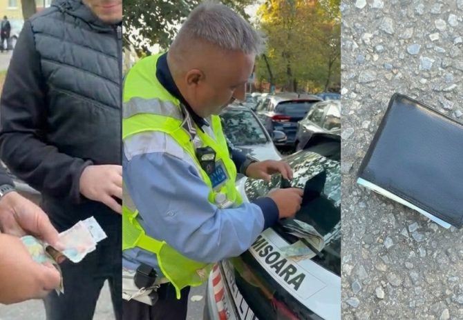 Polițist local din Timișoara înapoiind portofelul cu bani și acte proprietarului.
