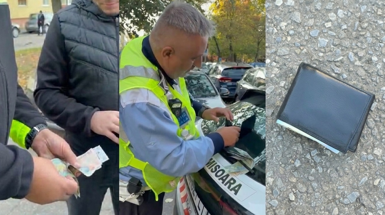 Polițist local din Timișoara înapoiind portofelul cu bani și acte proprietarului.